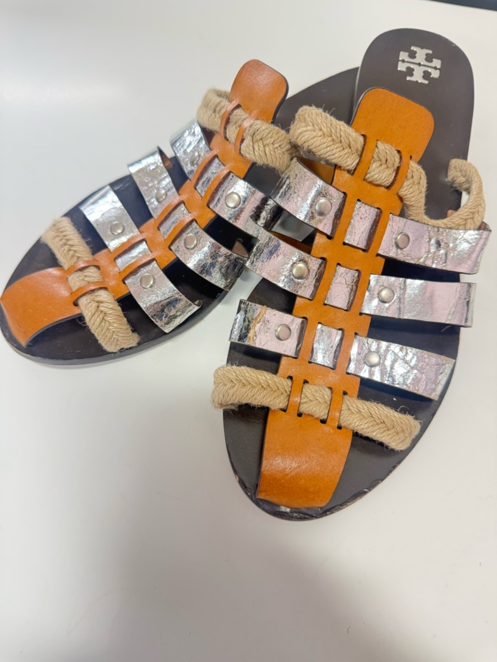 Tory Burch Orange, Silver and Natural Rope Gladiator Sandals Size 10